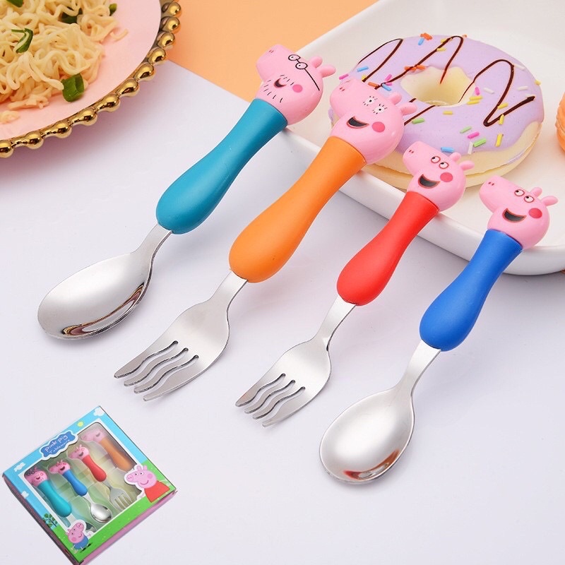 Combo 4 muỗng ăn dặm cho bé thìa inox có cán hình heo peppa