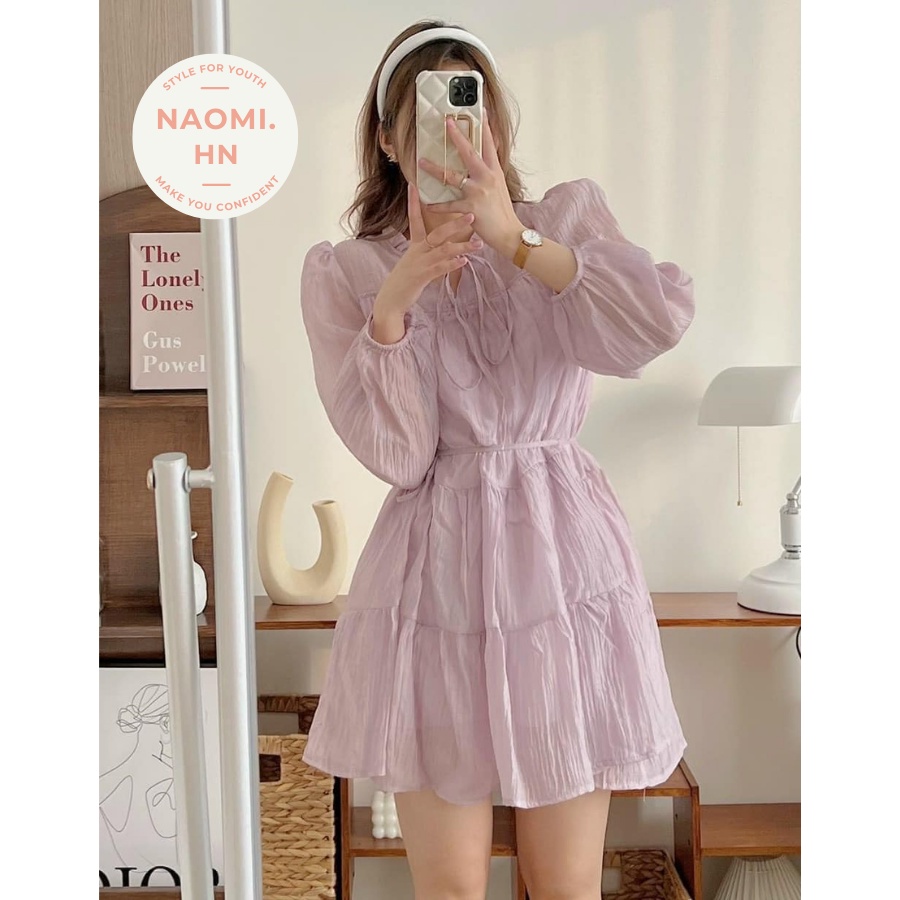 Váy babydoll dài tay chất tơ 2 lớp phối dây đai thắt eo phong cách tiểu thư. Váy cổ V dài tay phối nơ sang chảnh
