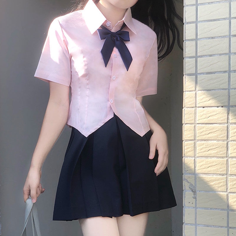 Sweet and spicy college style short-sleeved jk shirt Women's  new waist slimming uniform shirt design chic top Japanese style top hOkT