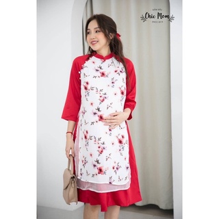 Áo dài Mẹ Bầu trắng , hoa đỏ