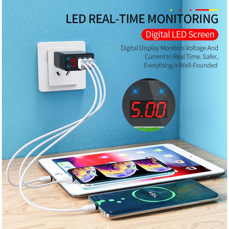 Củ sạc nhanh 65W tích hợp 5 cổng USB 3.0 chân cắm tròn sạc cho điện thoại IP Samsung QC3.0