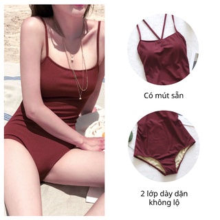[Hàng Nhập 2 Lớp] Bikini 1 Mảnh Liền Thân Hở Lưng Dễ Thương Màu Đỏ Mận