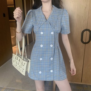 ĐẦM KẺ CỔ V PHỐI NÚT PHONG CÁCH RETRO