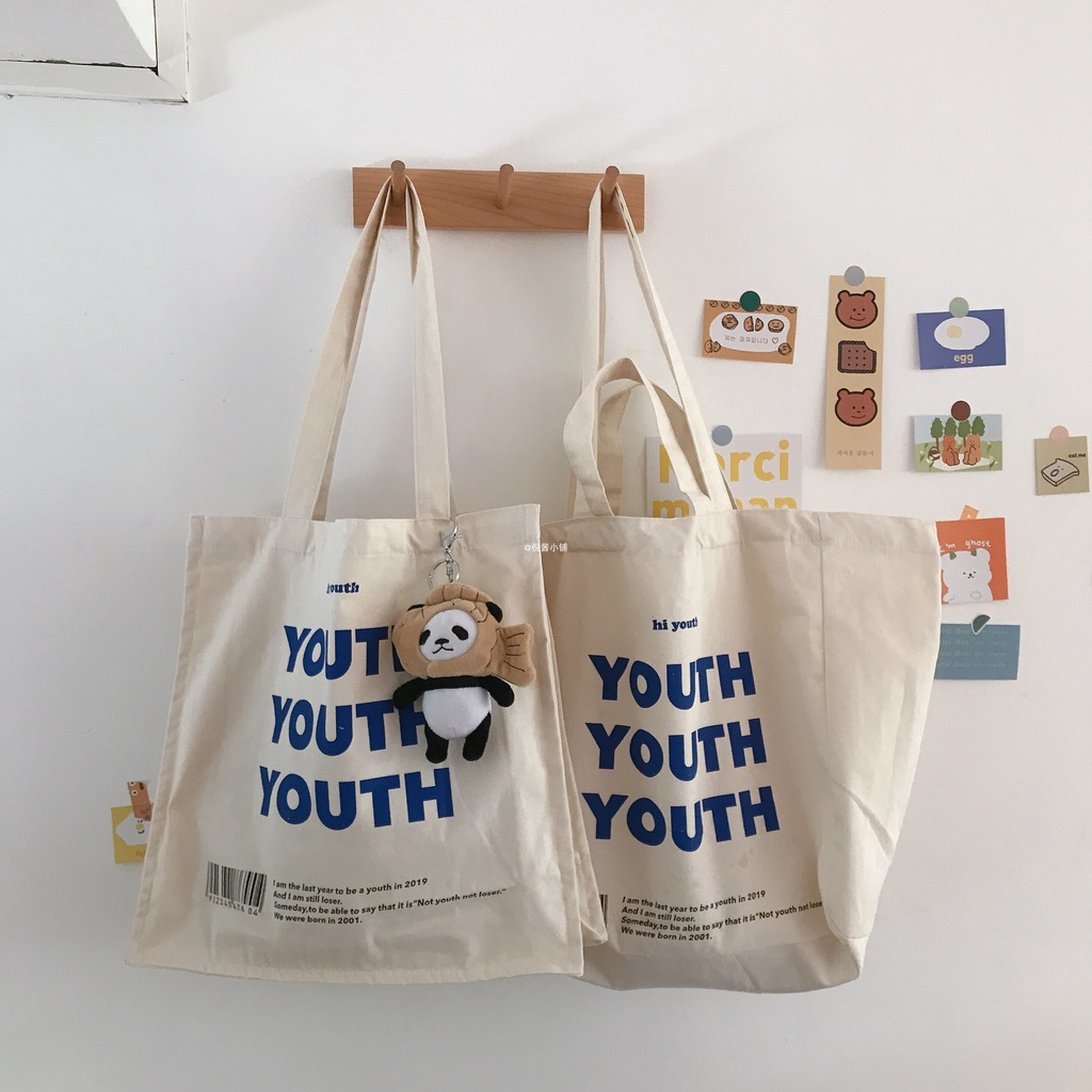 Túi tote vải chữ vintage YOUTH màu trắng ulzzang kiểu đeo vai nữ Hàn Quốc phom to đi học đi chơi