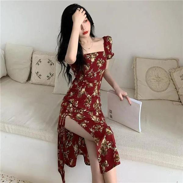 Đầm Dáng Dài Cổ Vuông Ôm Eo Thời Trang, Đầm Tay Ngắn Phồng Nhẹ Dáng Ôm Hoạ Tiết Sang Trọng Cho Nữ, Phong cách Hồng Kông, Đầm Dài Dáng Suông Cổ Vuông Họa Tiết Hoa Thanh Lịch Thời Trang Hong Kong 2022