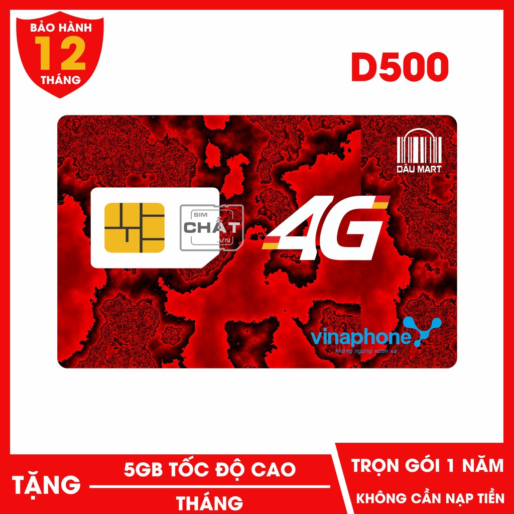 SIM 4G VINAPHONE D500 TRỌN GÓI 1 NĂM KHÔNG NẠP TIỀN (5GB/THÁNG)