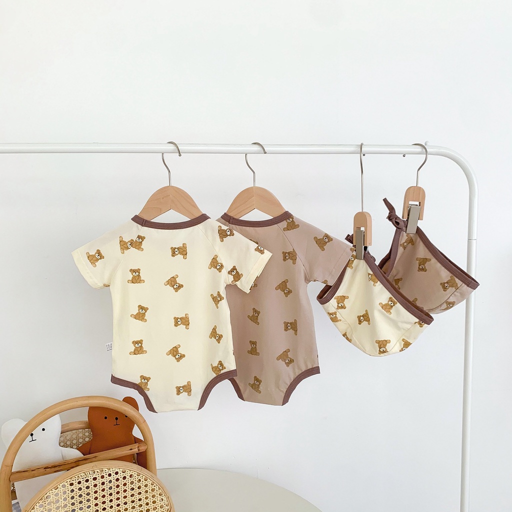 Bộ Áo Liền Quần Tay Ngắn Chất Liệu Cotton In Hình Chú Gấu Kèm Nón Dễ Thương Cho Bé Sơ Sinh 0-2 Tuổi