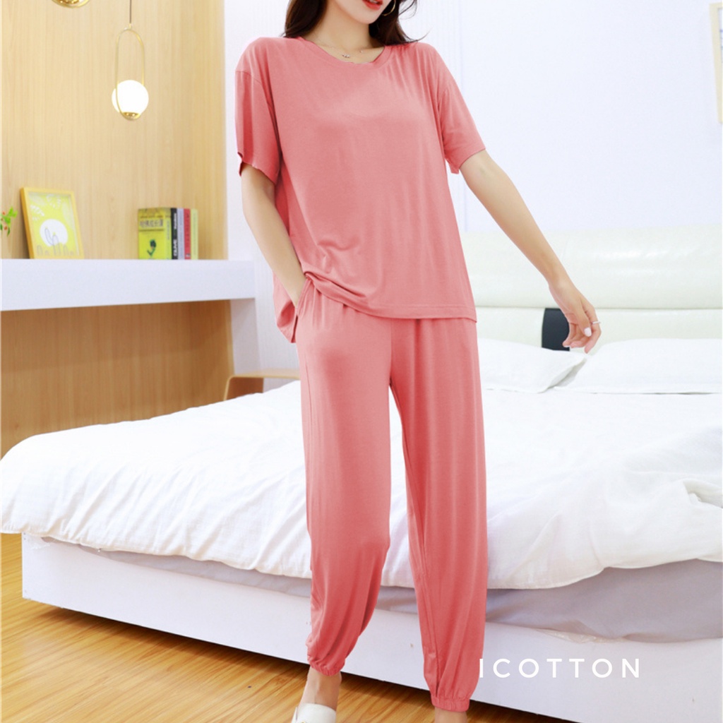 Bộ đồ mặc nhà ICOTTON bộ áo cộc quần gấu bo chun 100% cotton siêu mềm mát