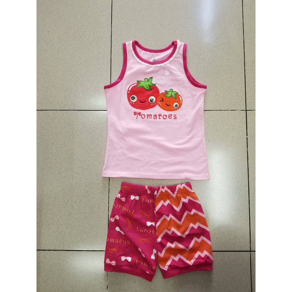 Bộ thun bé gái mùa hè thêu đôi bạn cà chua