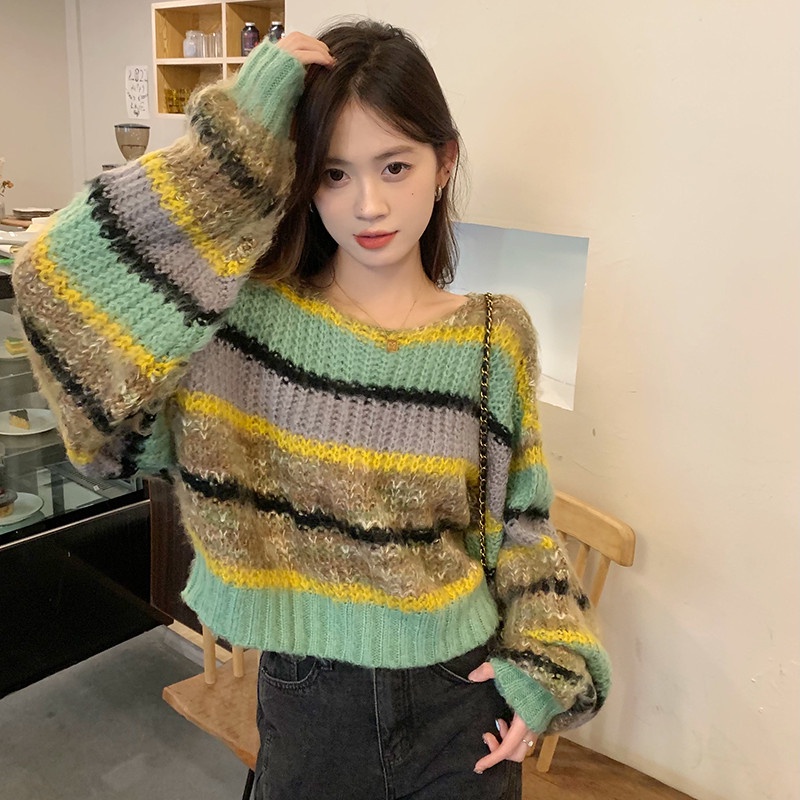 Áo Dệt Kim Tay Dài Kẻ Sọc Màu Tương Phản Thời Trang Mùa Thu Dễ Phối Đồ Cho Nữ