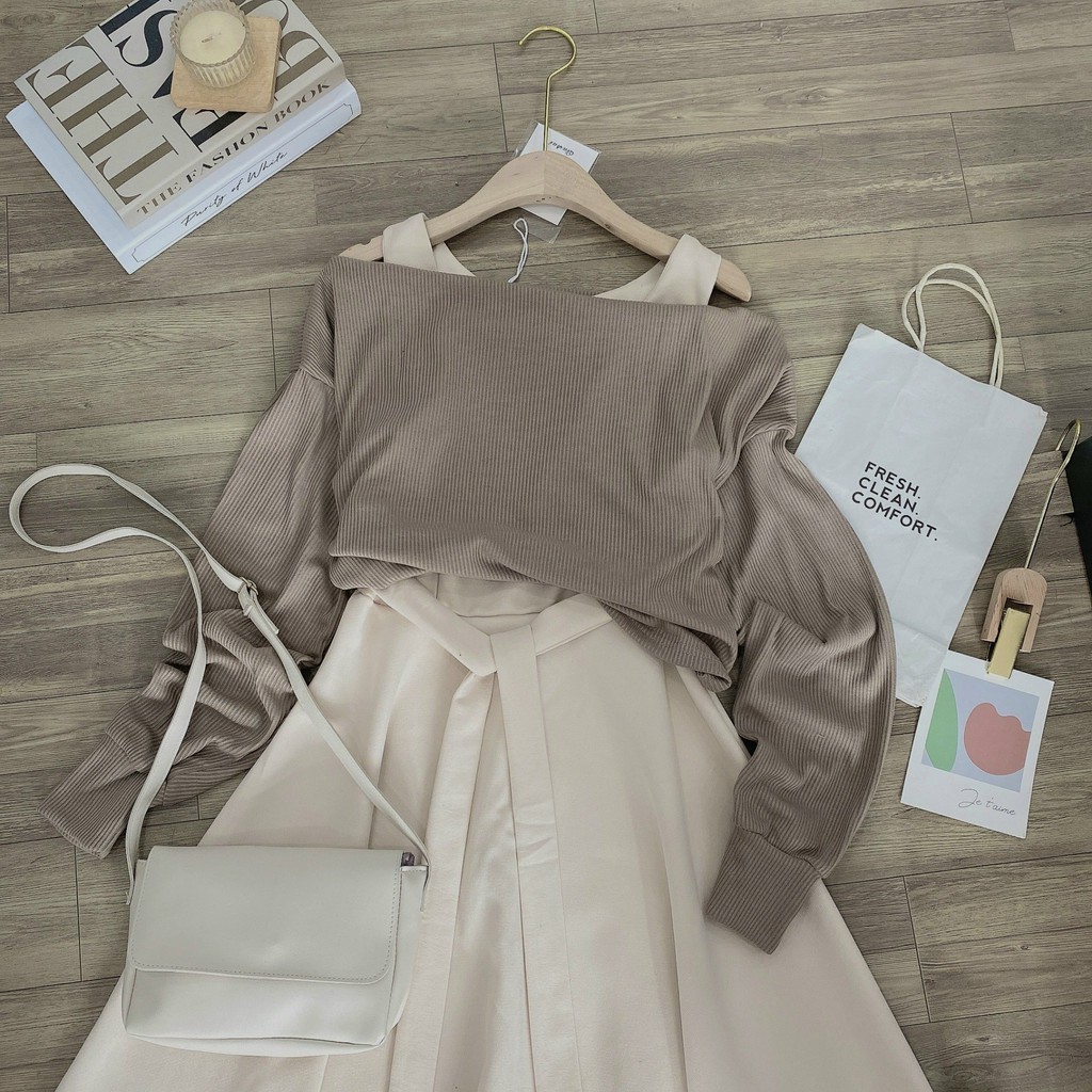 Sét váy nhung mix áo len nâu trễ vai  vải nhung mềm mịn kết hợp áo len siêu dễ thương