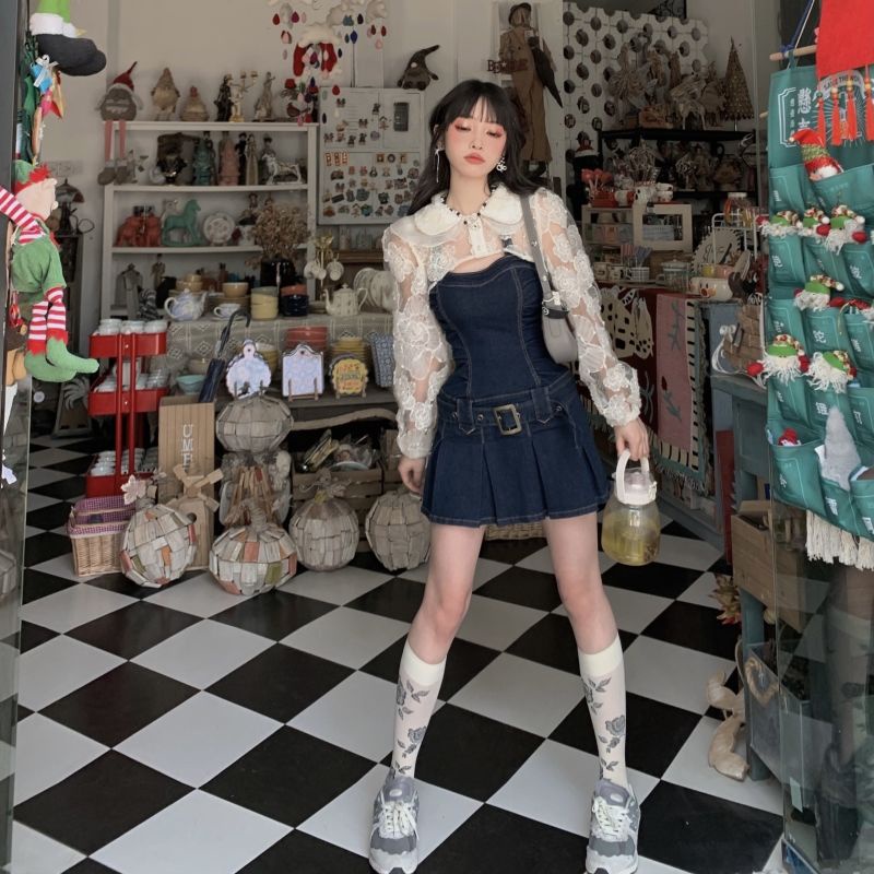 Đầm Denim Hai Dây Dáng Chữ a Ôm Eo Màu Trơn Quyến Rũ