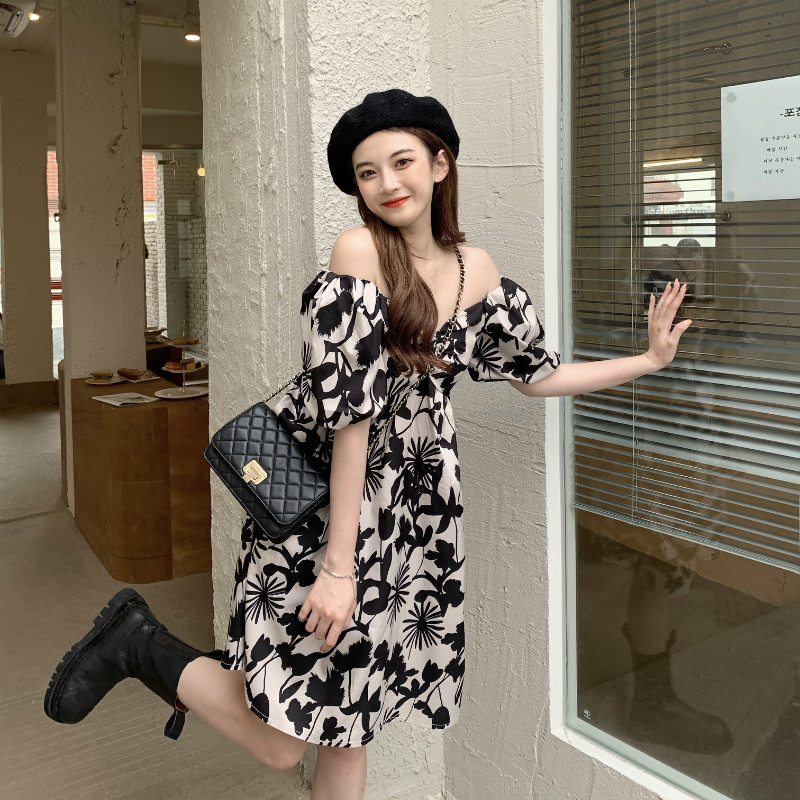 SUXI Đầm tay ngắn trễ vai hoạ tiết hoa phong cách retro