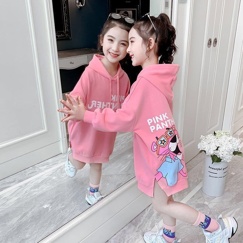 Áo Hoodie Dáng Dài In Họa Tiết Hoạt Hình Phong Cách Hàn Quốc Cho Bé Gái 4-9 Tuổi