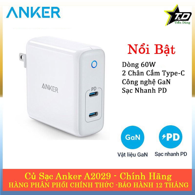 Củ sạc anker a2029 có 2 cổng PD - Cốc sạc Anker PowerPort Atom PD 2 [GaN Tech] hỗ trợ sạc nhanh 60W - Anker A2029