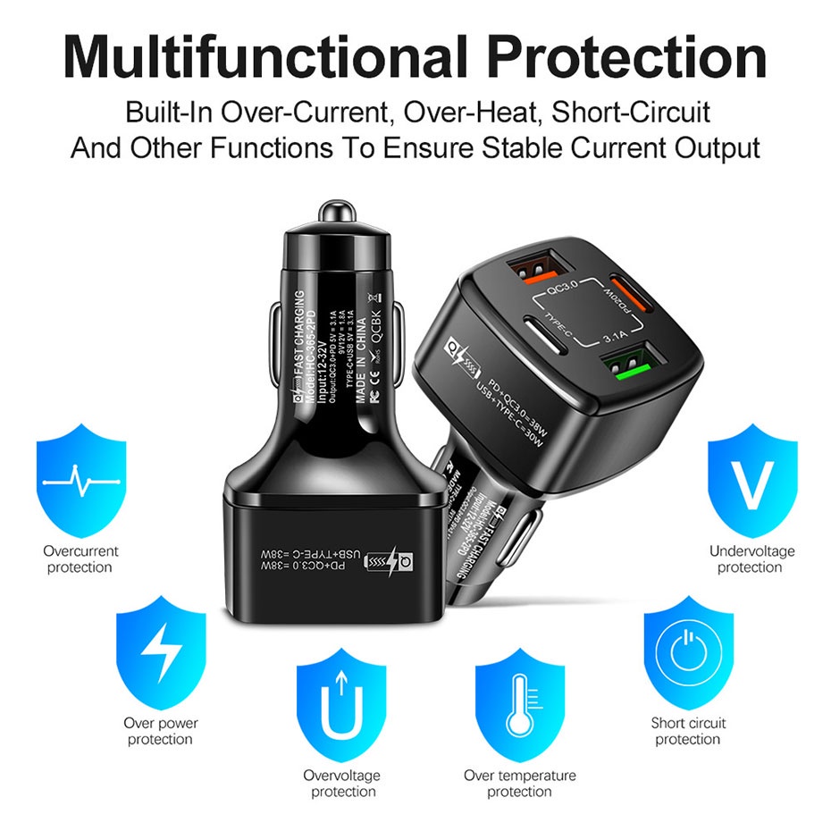 Bộ sạc nhanh BLALION 12v 24v cổng USB gắn xe hơi thích hợp cho điện thoại DVR Ipad QC3.0 PD 20W Type C