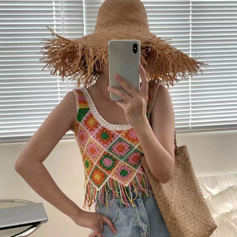 Áo Croptop Dệt Kim Sát Nách Sọc Ca Rô Phối Lỗ Lưới Nhiều Màu Sắc Xinh Xắn Cho Nữ