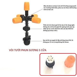 SALE Vòi béc phun sương 5 cửa  có van áp chống nhỏ giọt, dùng ren 21 loại lõi đầu cam màu trắng