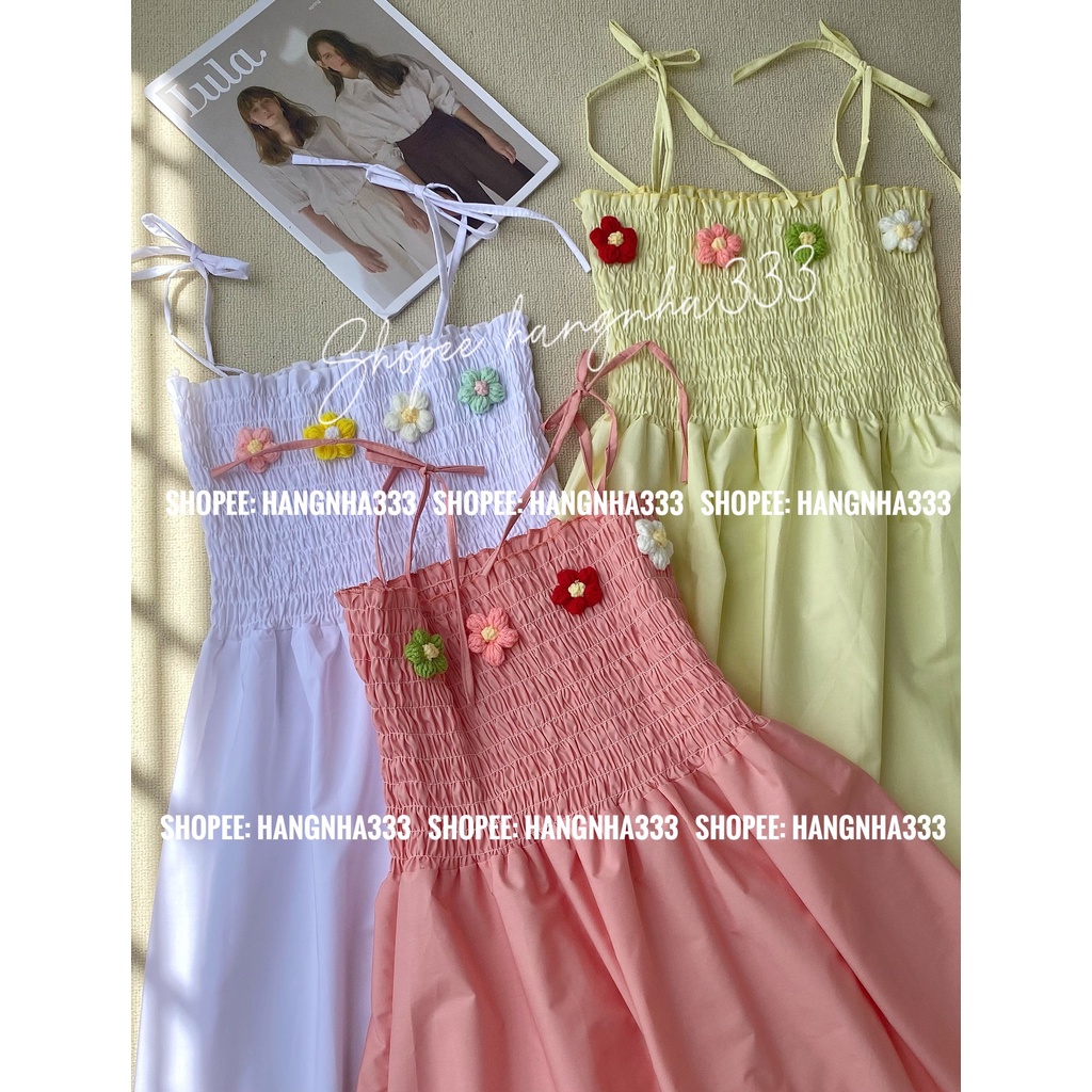 NEW || Đầm 2 dây chun ngực thêu hoa nổi cột dây form xòe siêu xinh