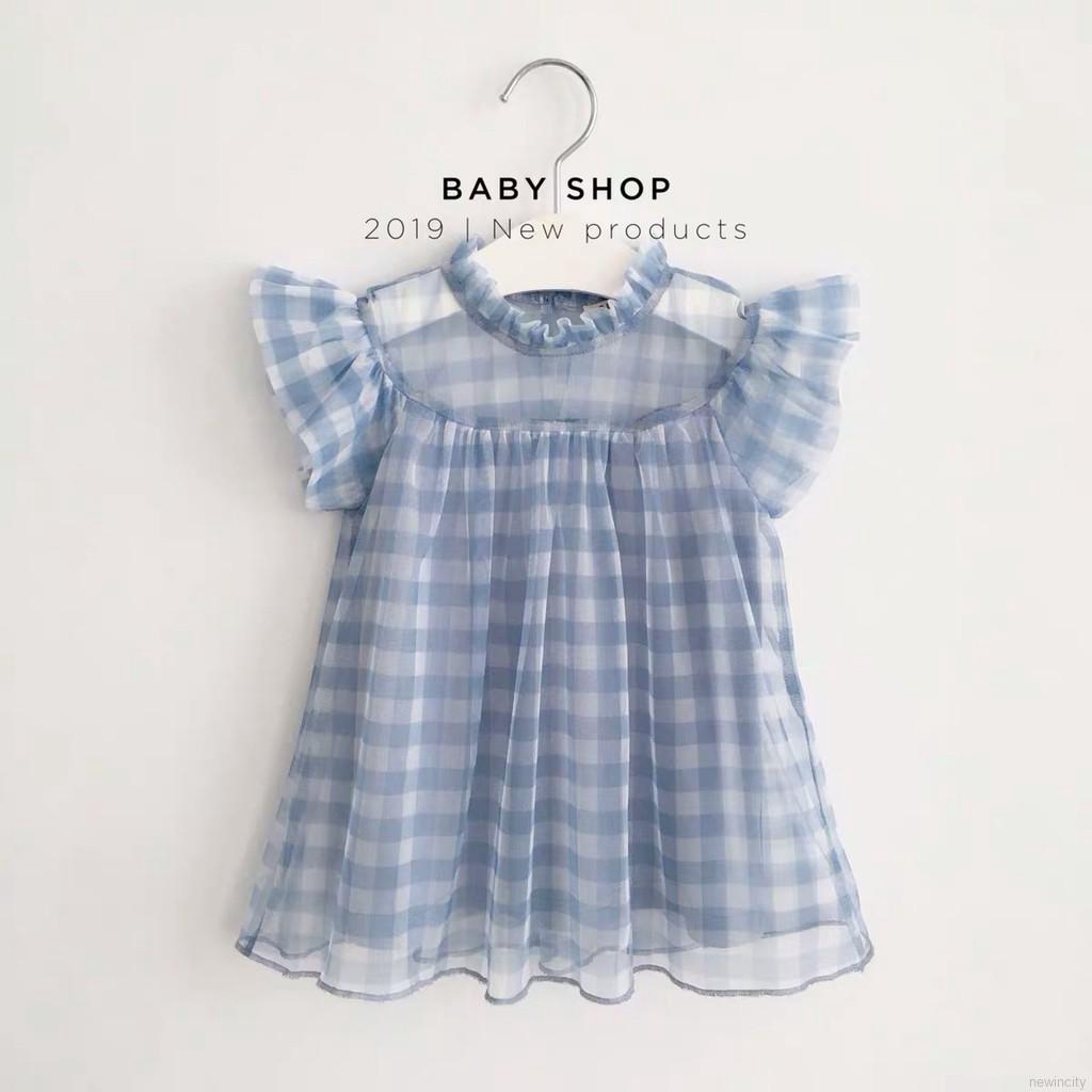 Đầm bé gái tay ngắn phối lưới phong cách Hàn Quốc