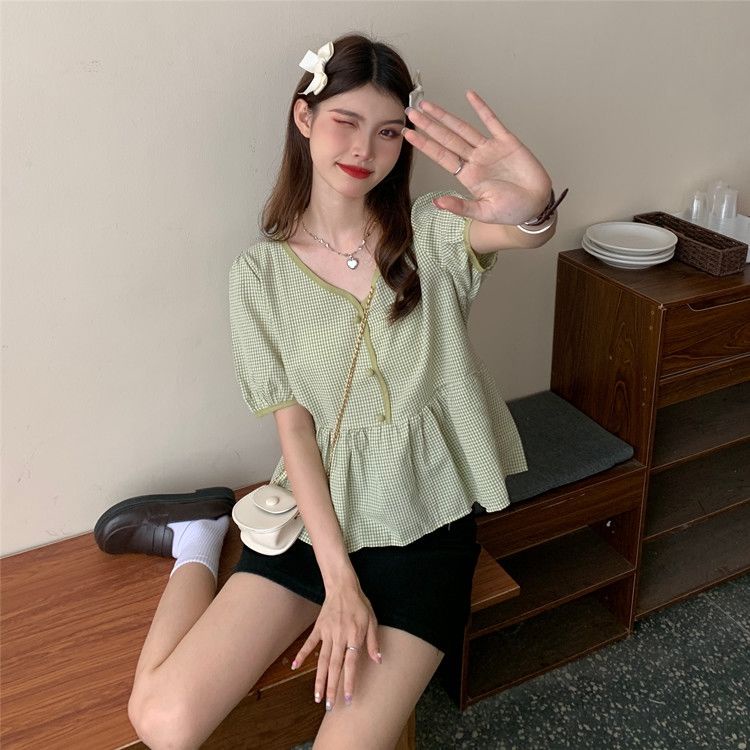 Áo tay ngắn cổ chữ V họa tiết caro thời trang mùa hè sang trọng dành cho nữ