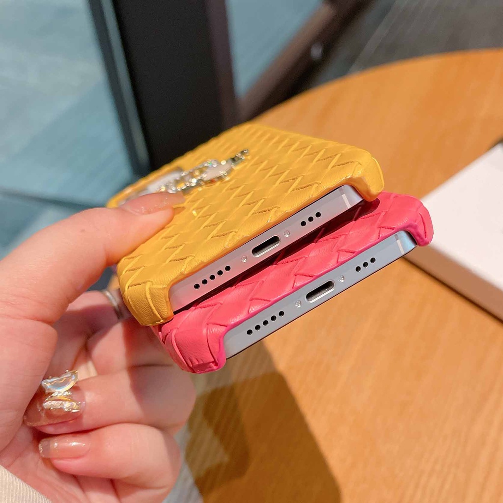 Ốp Điện Thoại Da Cứng Kiểu Dệt Đính Pha Lê Nhiều Màu Sang Trọng Cho iPhone14Max 13promax 12 11 xsmax xr xs 7P