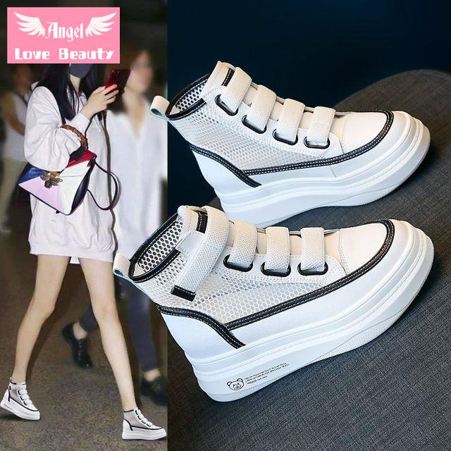 Giày Thể Thao Vải Canvas Phối Lưới Thoáng Khí Đế Dày Tăng Chiều Cao Thời Trang Mùa Thu 2021 Mới