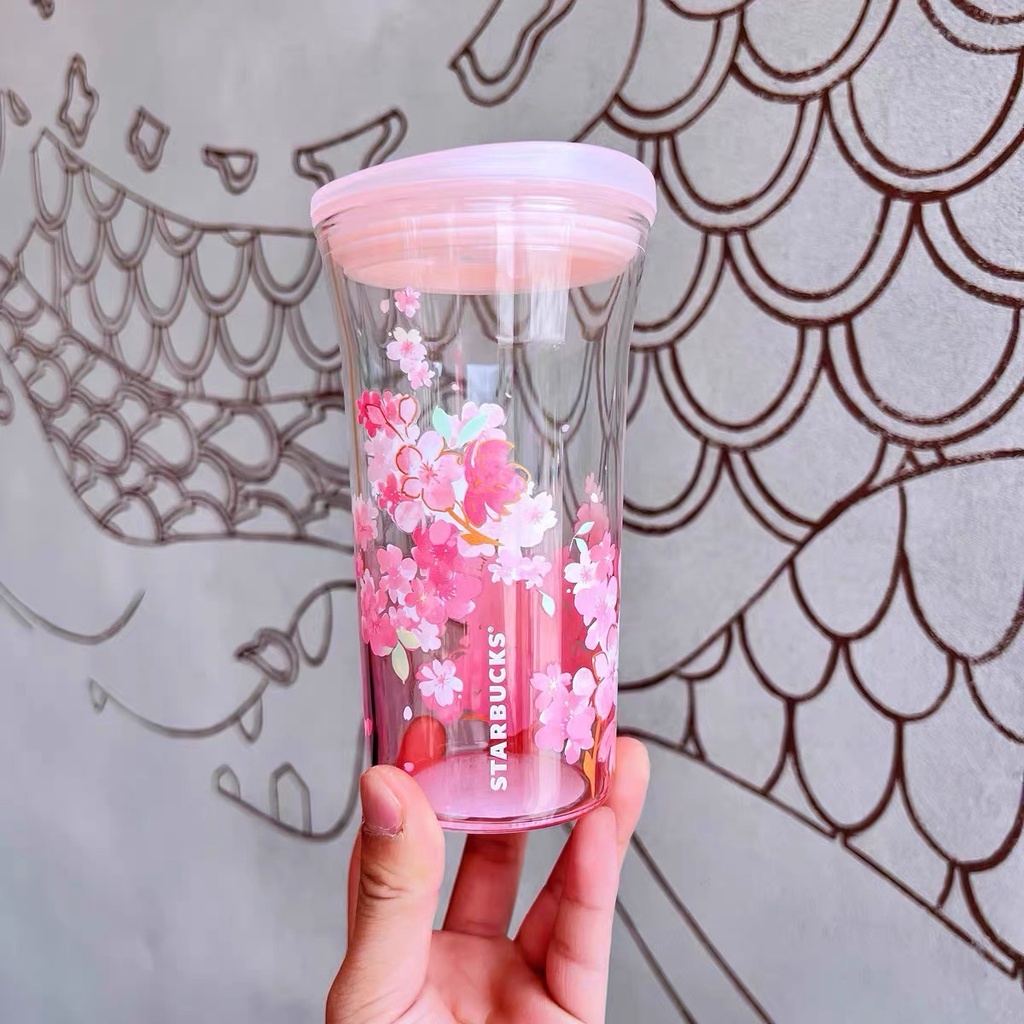 Ly cốc thủy tinh Starbucks  Sakura hồng nắp trượt  Dung tích 473ml