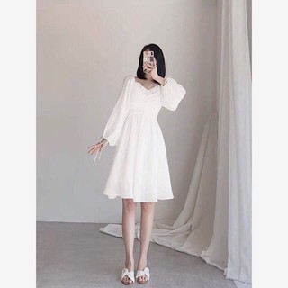 Đầm váy freesize trắng nút bọc cổ bèo