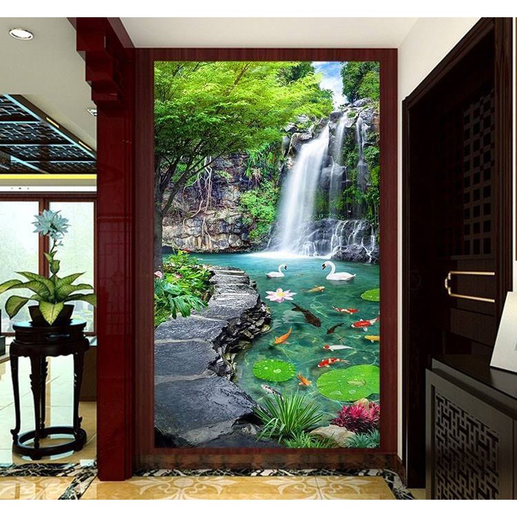 Tranh dán tường 3D thác nước thiên nga BINBIN PC50 (Có in theo yêu cầu)