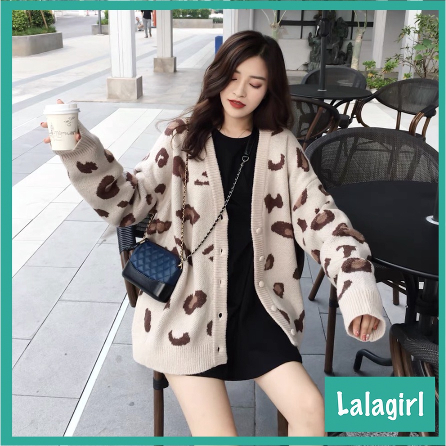 Áo khoác cadigan len họa tiết da báo dáng dài
