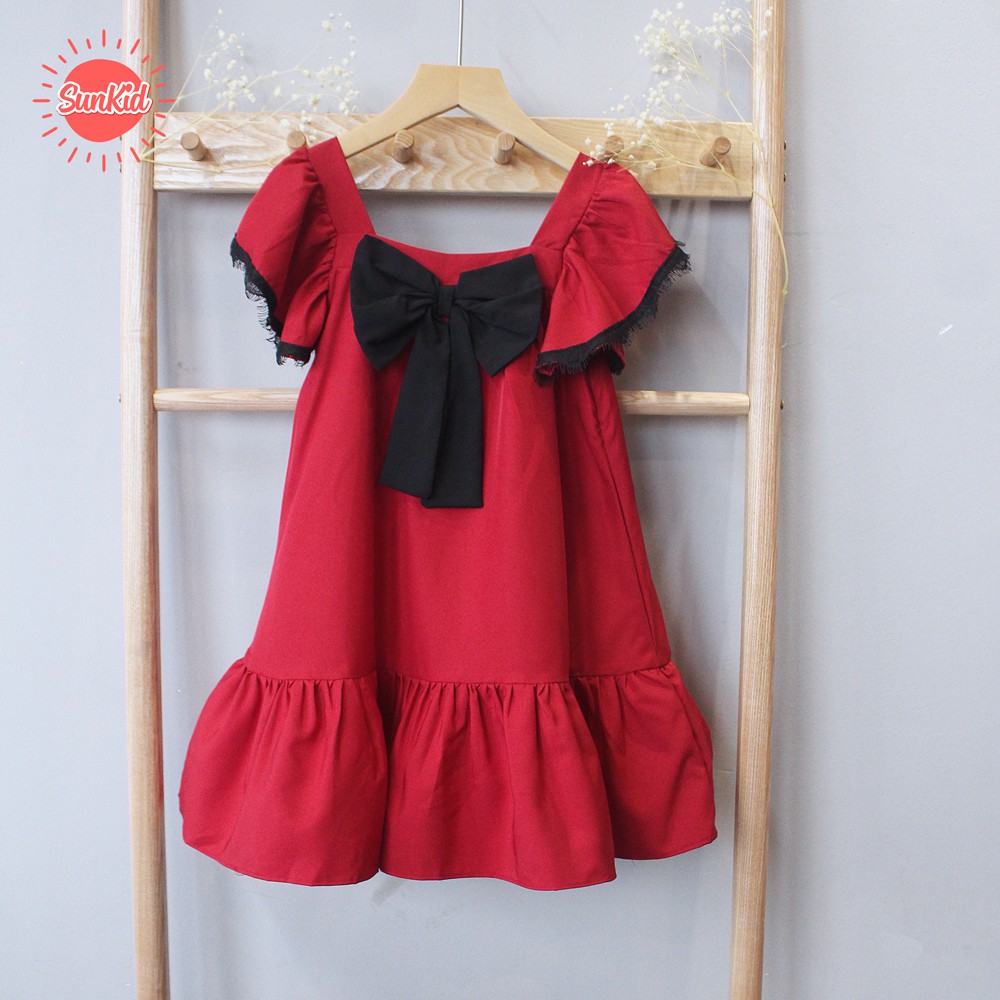 [XẢ KHO] Váy đầm bé gái dáng suông đuôi cá thắt nơ đen vải trượt nhật cao cấp mùa hè Sunkid NN2 màu đỏ size trẻ 4-12 tu