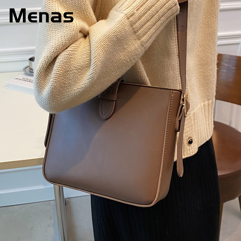 Menas Túi Đeo Vai Bằng Da PU Trơn Màu Thời Trang Mới Cho Nam