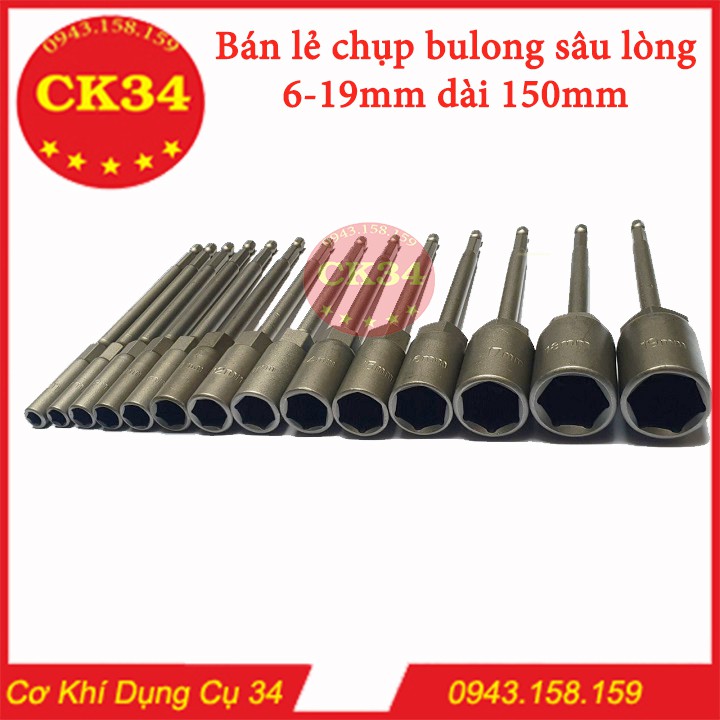 Chụp bulong, tuýp vặn khẩu sâu lòng 6-19mm cho khoan, bắn vít dài 150mm chuôi lục giác 14pc