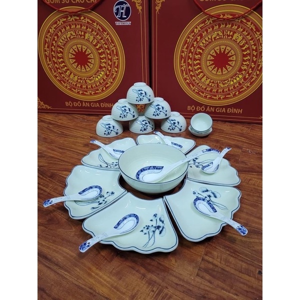 Bộ bát đĩa hoa mặt trời vẽ sen xanh ĐK47cm. Sứ Bát Tràng. Hàng y hình