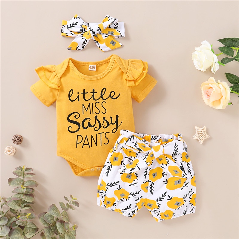 Set áo liêền thân tay ngắn + quần short + băng đô dễ thương cho bé gái sơ sinh Mikrdoo