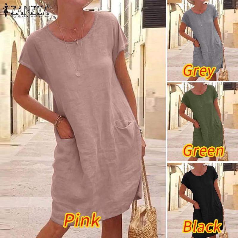 Đầm midi ZANZEA bằng cotton ngắn tay cổ tròn màu trơn thời trang cho nữ
