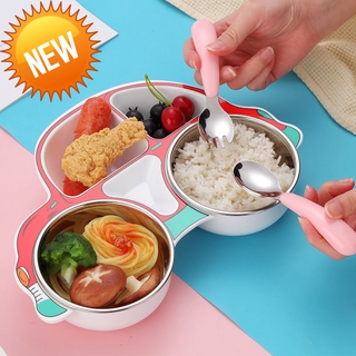 Đĩa ăn 304 kèm muỗng nĩa chống rơi chống bỏng có thể tháo rời cho bé