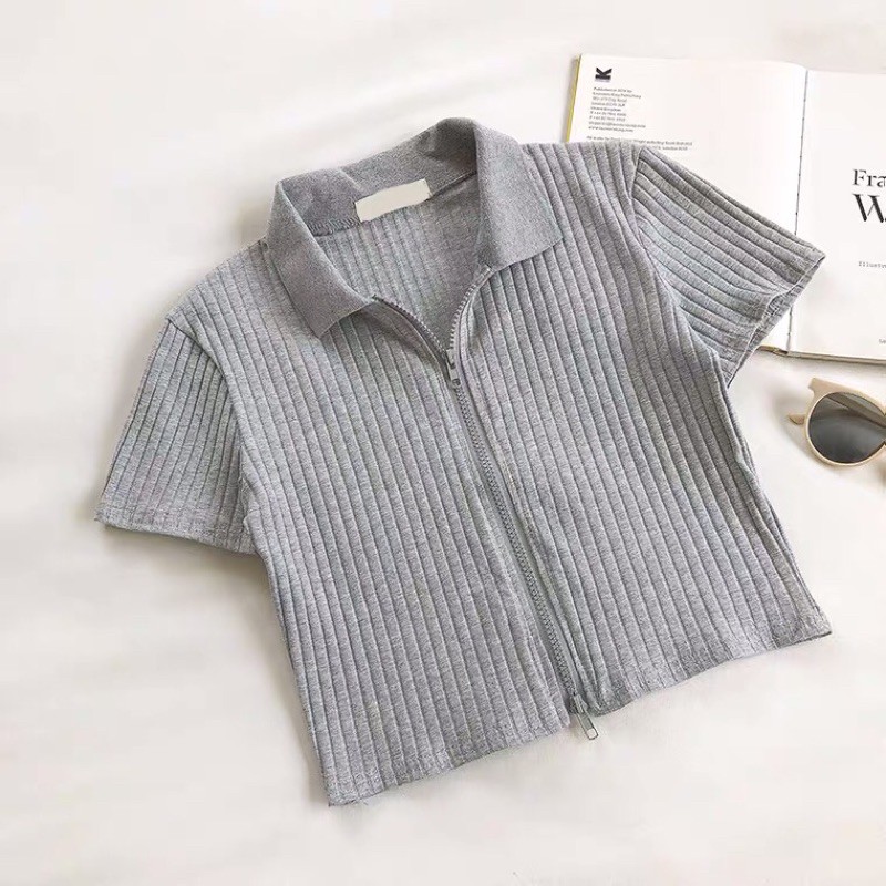 CÓ SẴN | ÁO CROPTOP TAY NGẮN CÓ CỔ, KHOÁ KÉO | BigBuy360 - bigbuy360.vn