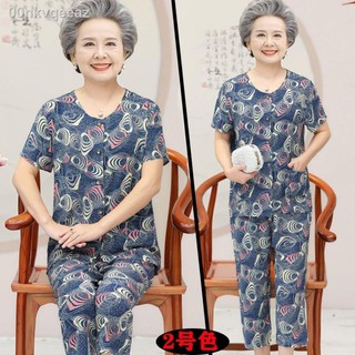 Bộ đồ bà mẹ mùa hè trung niên và người lớn tuổi nội cardigan cotton lụa già hai mảnh ngắn tay phụ nữ