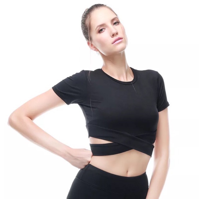 Áo thun thể thao nữ, áo croptop chéo dây ( Có mút )