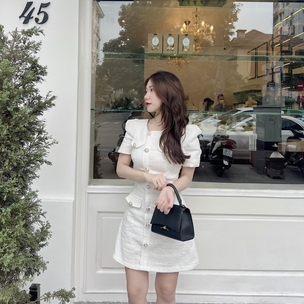 Váy đầm trắng Tweet Liner tay bồng tiểu thư Souris By G