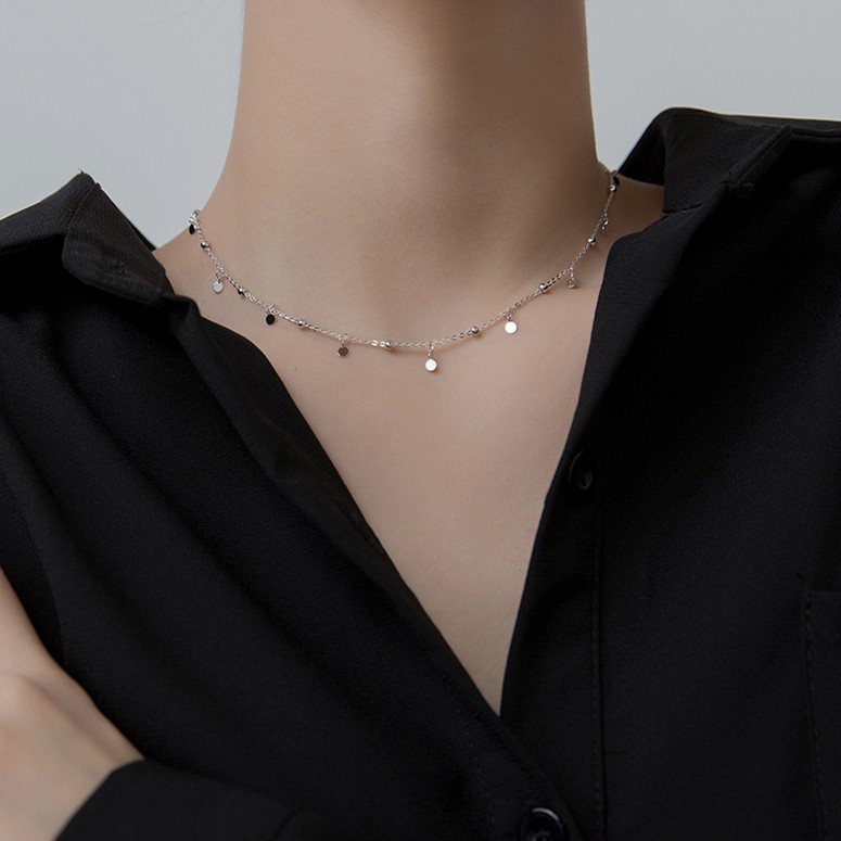 Choker Dây chuyền vòng cổ nữ bạc s925 tua rua mặt tròn dẹt Cá jewelry DC37