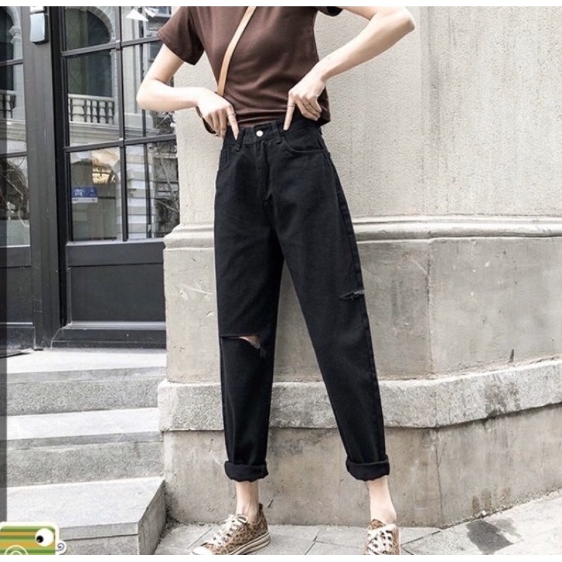 Quần Jean Bagg Đen Trơn/Rách Baggy Lưng Cao Qua Rốn Form Đẹp