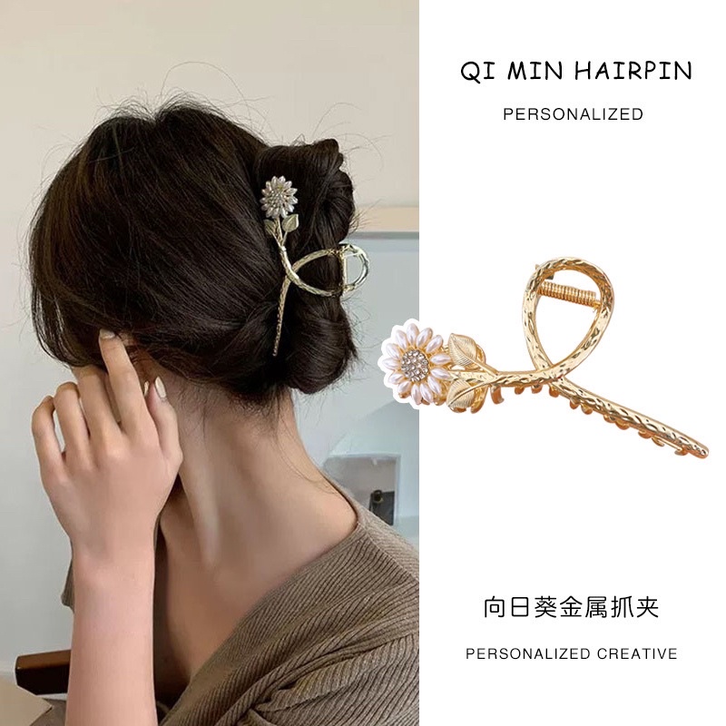 Kẹp tóc kim loại hoa hướng dương bản to và dài kẹp tóc sau đầu cho nữ phong cách nữ tính Hàn Quốc