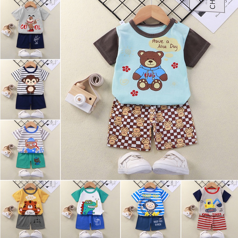Bộ Đồ 2 Món 100% Cotton Gồm Áo Thun Tay Ngắn Và Quần Ngắn In Họa Tiết Động Vật Hoạt Hình Cho Bé Trai 1-7 Tuổi