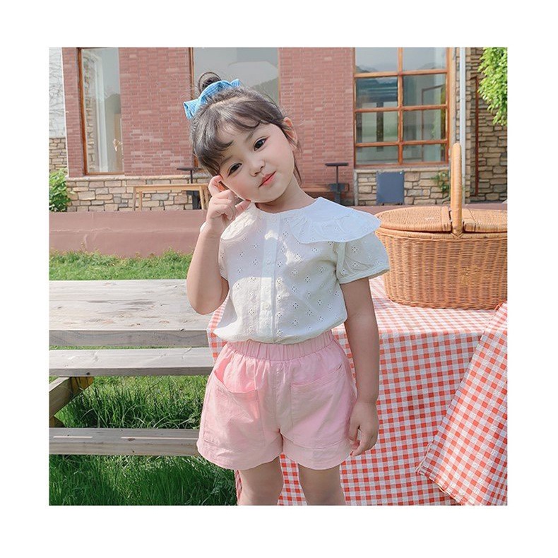 Bộ cộc Zara cổ bèo áo trắng quần hồng Nga Fish B1B3T8