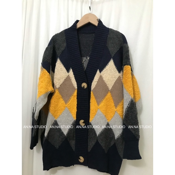 Áo khoác len Cardigan hoạ tiết ô trám len bông thổ cẩm