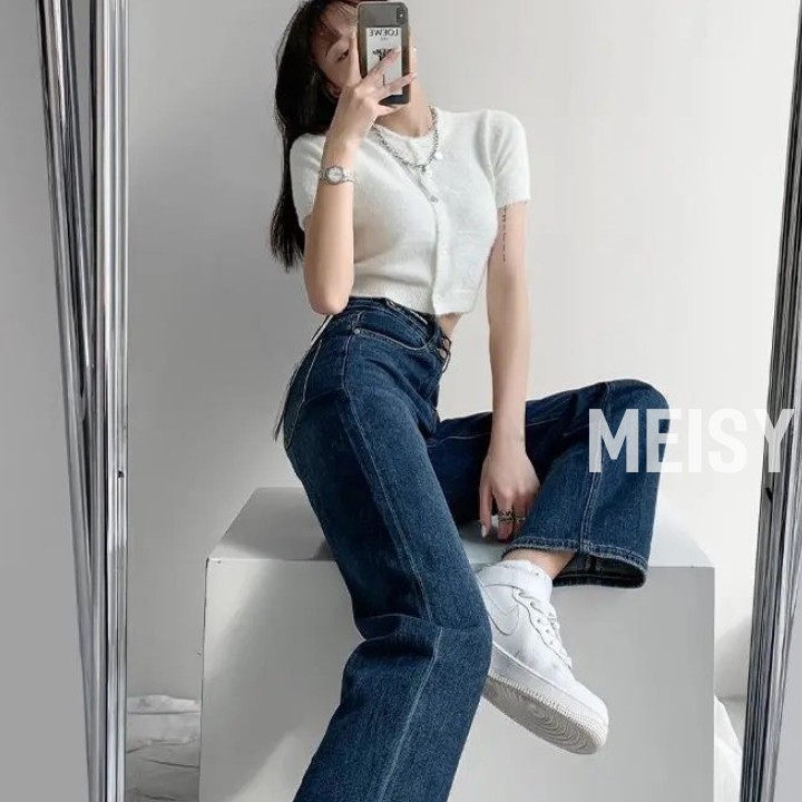 Quần Jean Nữ Màu Xanh Đậm Ống Rộng Cạp Lưng Cao 2 Cúc Phong Cách Ulzzang (Meisy) | BigBuy360 - bigbuy360.vn