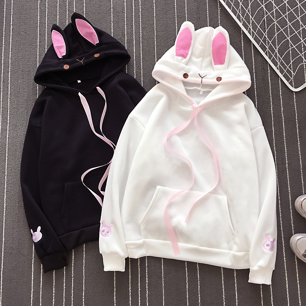 Áo Hoodie Tay Dài Thêu Hình Tai Thỏ Màu Hồng Ngọt Ngào Cho Nữ